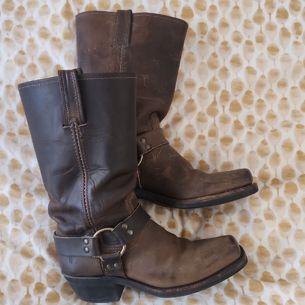 Frye Brown Heeled Boots with Harness Detail